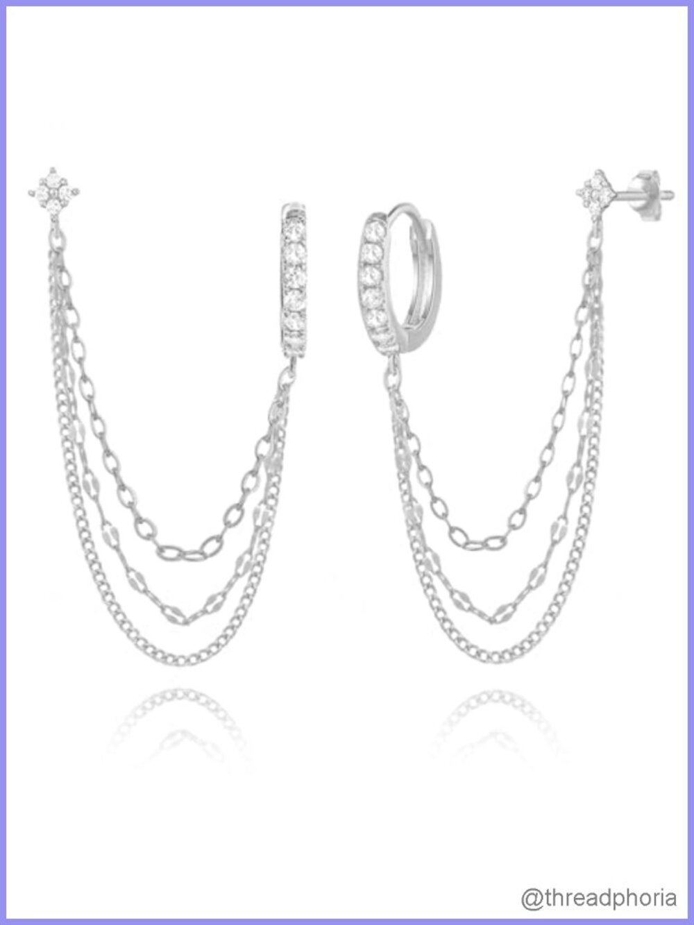 Sterling Silver Four Zircons Flower Stud Double Piercing Chain Earrings Women